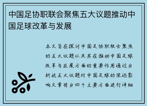 中国足协职联会聚焦五大议题推动中国足球改革与发展